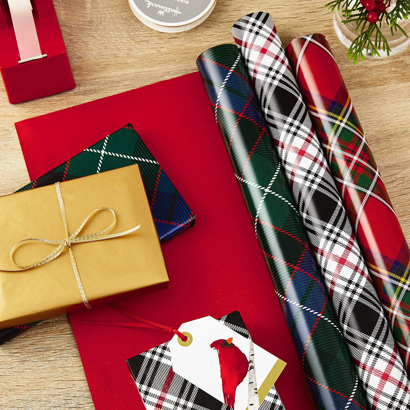 Hallmark Christmas Wrapping Paper Bundle With Cut Lines On Reverse Plaid (Pack Of 4 120 Sq. Ft. Ttl) Red And Black Green And Blue