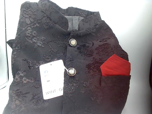 Elegant Black Embroidered Jacket with Red Pocket Square