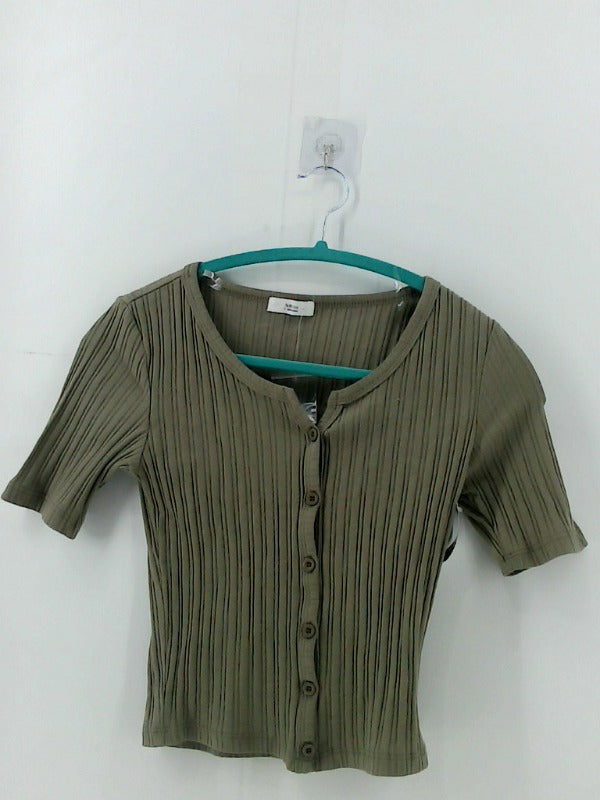 Olive Ribbed Button-Up Short Sleeve Top Small