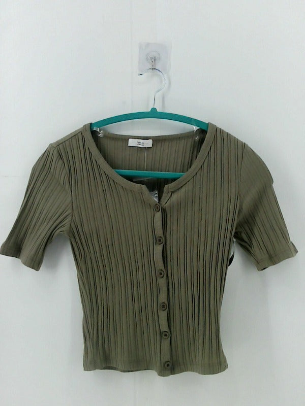 Olive Ribbed Button-Up Short Sleeve Top Small