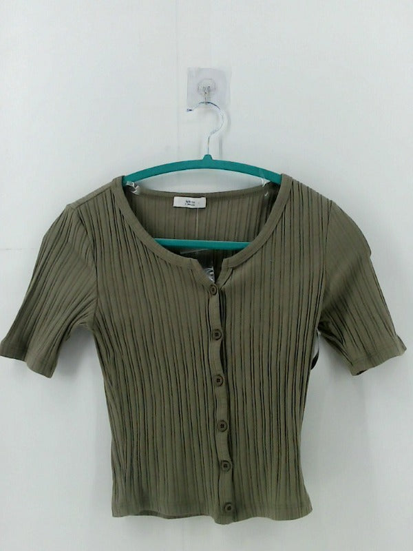 Olive Ribbed Button-Up Short Sleeve Top Small