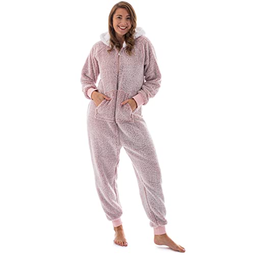 Cozy Teddy Fleece Adult Womens One PiecePajamas - Pink (X-Large)