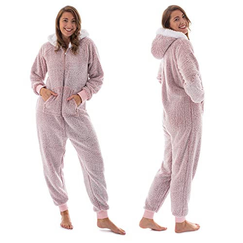 Cozy Teddy Fleece Adult Womens One PiecePajamas - Pink (X-Large)