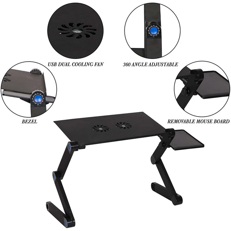 Portable Adjustable Foldable Aluminum Laptop Desk with 2 CPU Cooling Fans