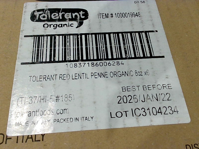 Tolerant Organic Red Lentil Penne Pasta Pack of 6