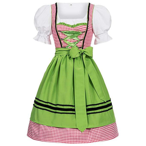 Gaudi-leathers Women's Set-3 Dirndl Pieces pink checkered with green apron 44