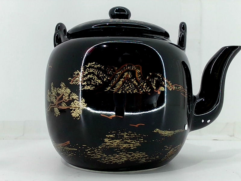 Elegant Black Stoneware Teapot with Scenic Design