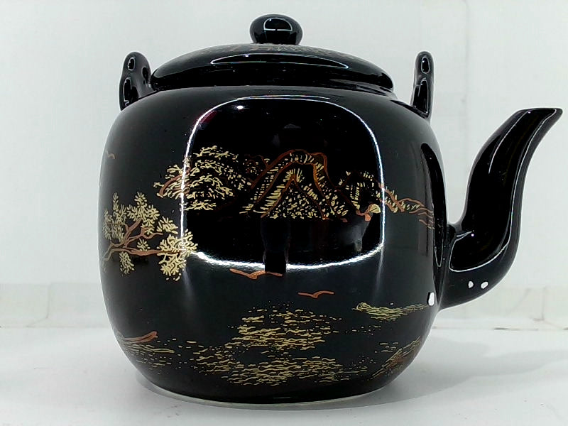 Elegant Black Stoneware Teapot with Scenic Design