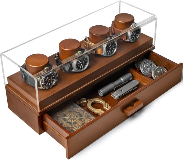 Elevate Your Watch Collection With The Watch Deck – Premium Watch Display Case For 4 Watches – Unique Birthday Day Gift For Men – Wooden Mens Watch Box & Watch Case – Lifetime Assurance Included Watch Deck Walnut Color Walnut Size 4 Watches