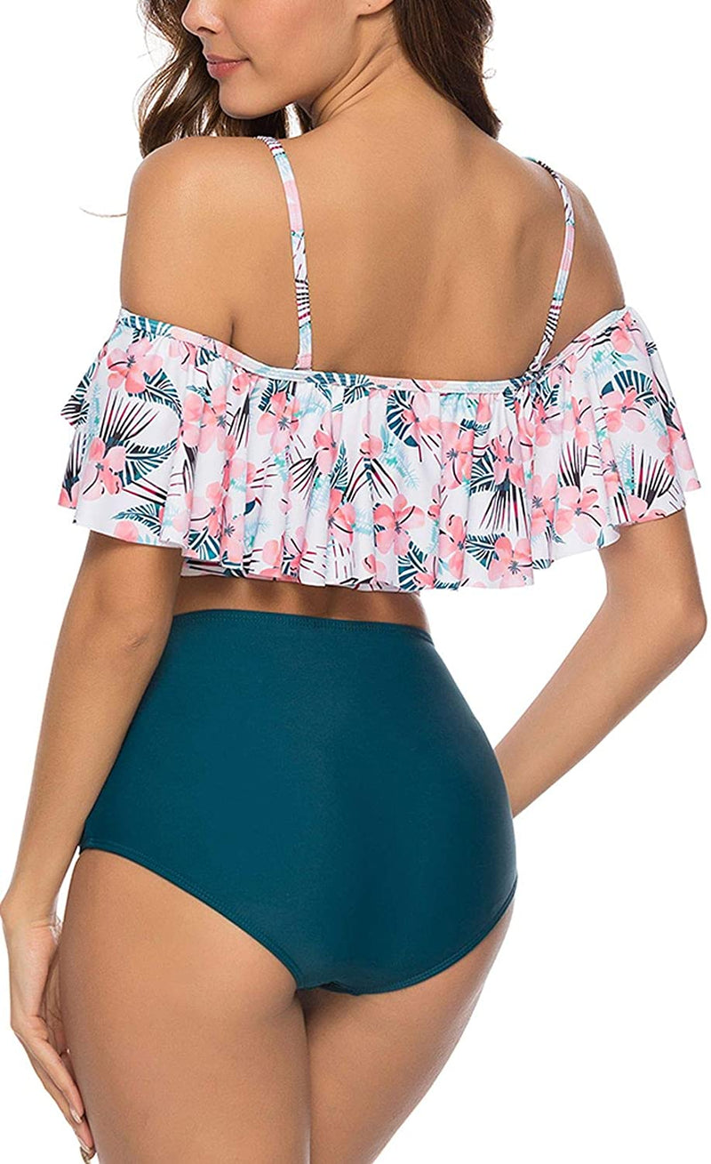 Deep Green High Waisted Off Shoulder Bikini Set Large