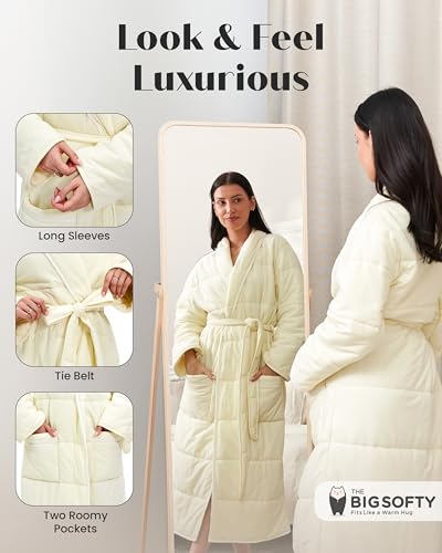 Quilted Duvet Robe Jersey Cotton Bathrobe - Cream - Small