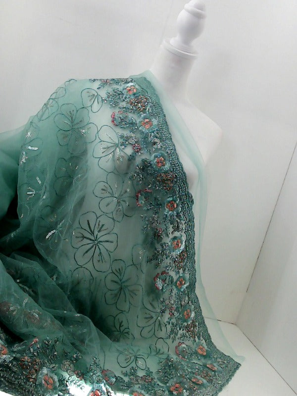 Elegant Mint Green Floral Embroidered Sequins Saree Standard Size