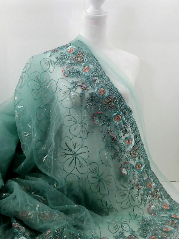 Elegant Mint Green Floral Embroidered Sequins Saree Standard Size