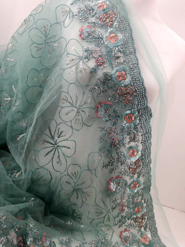 Elegant Mint Green Floral Embroidered Sequins Saree Standard Size