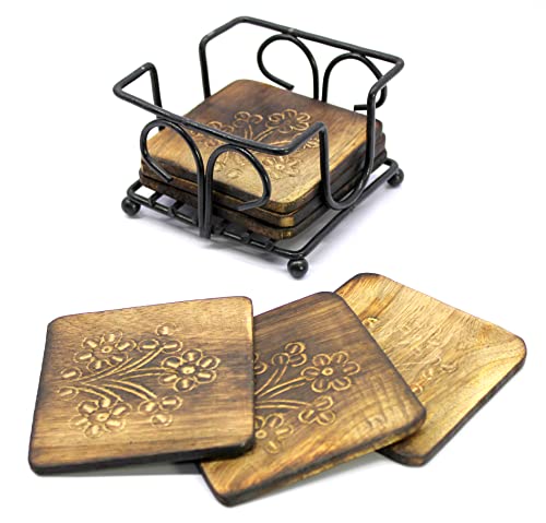 Wooden Tea Coffee Coasters with Wrought Iron Holder