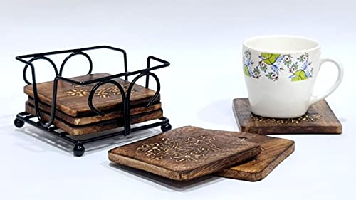 Wooden Tea Coffee Coasters with Wrought Iron Holder