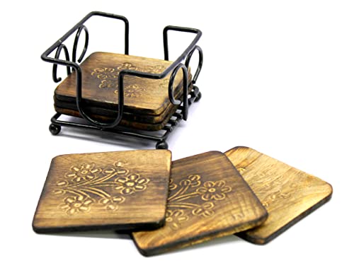 Wooden Tea Coffee Coasters with Wrought Iron Holder