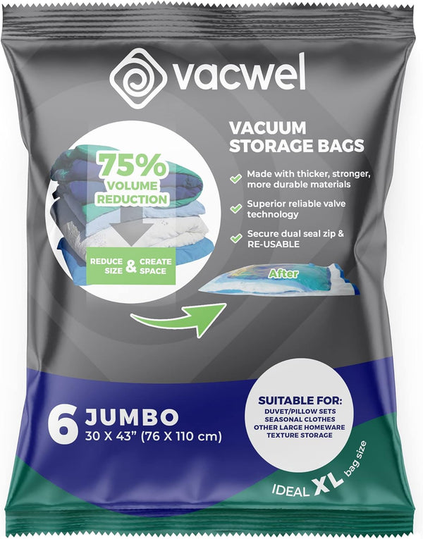 Vacuum Storage Bags 6 Pack Jumbo 43x30in Extra Strong Seal Transparent