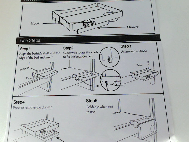 Adjustable Bedside Shelf with Drawer and Hooks Black 16cm