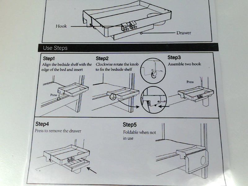 Adjustable Bedside Shelf with Drawer and Hooks Black 16cm