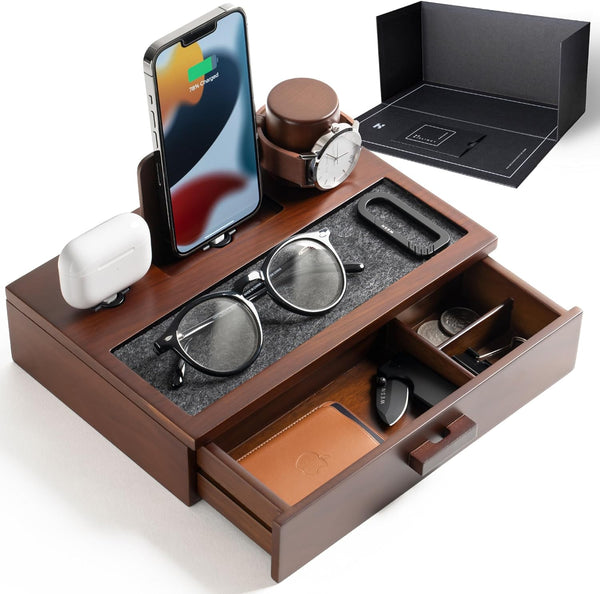 Men's Nightstand Organizer Wood Docking Station Charging Tray & Drawer Walnut