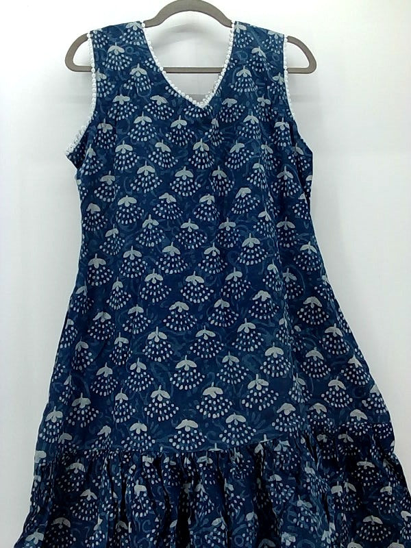 Indophilia Women's Indigo Blue Cotton Mini Dress Sleeveless Navy & White Large