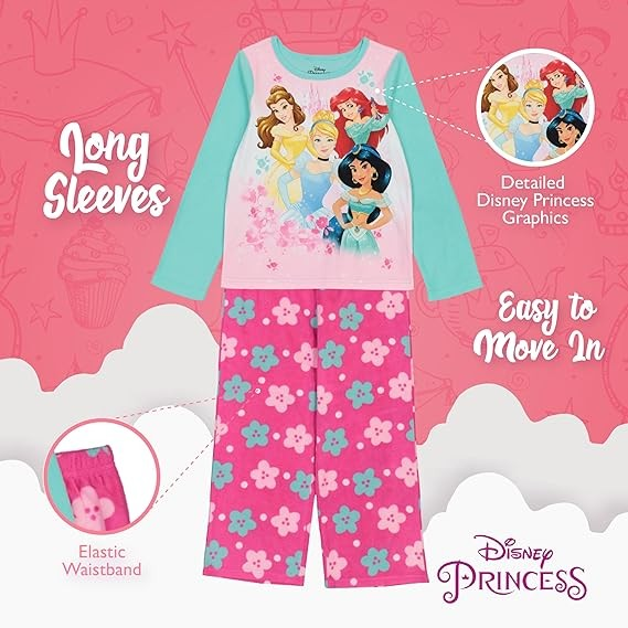 Disney Girls' 2-piece Loose-fit Set, Princess Pajamas, Soft & Cute for Kids, Size 8