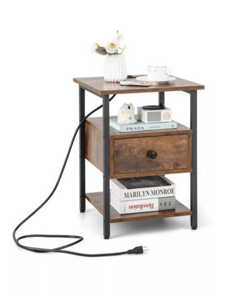 3-Tier Nightstand with Charging Station and Drawer