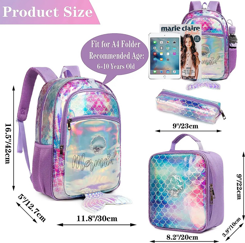 Kids Backpack for Gilrs School Mermaid Backpacks with Lunch Box for Elementary