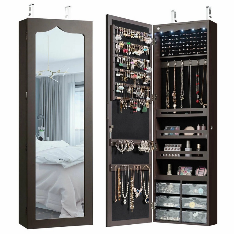 Gymax Wall Door Mounted LED Mirror Jewelry Cabinet Organizer Brown