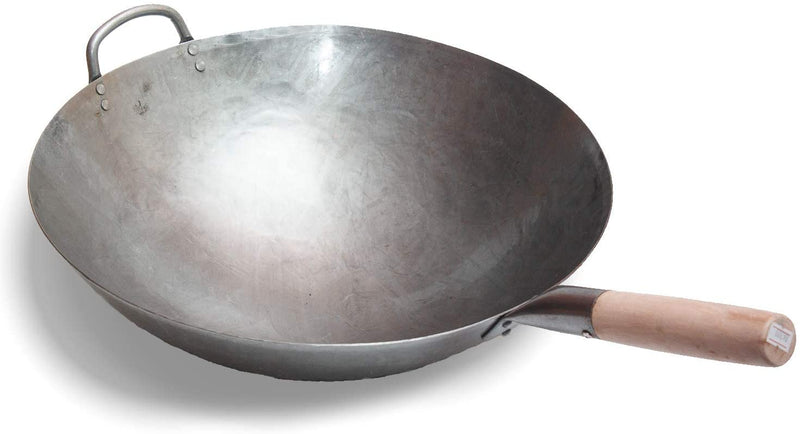 Craft Wok Traditional Hand Hammered Carbon Steel Pow Wok  Wooden Steel 16 Inch