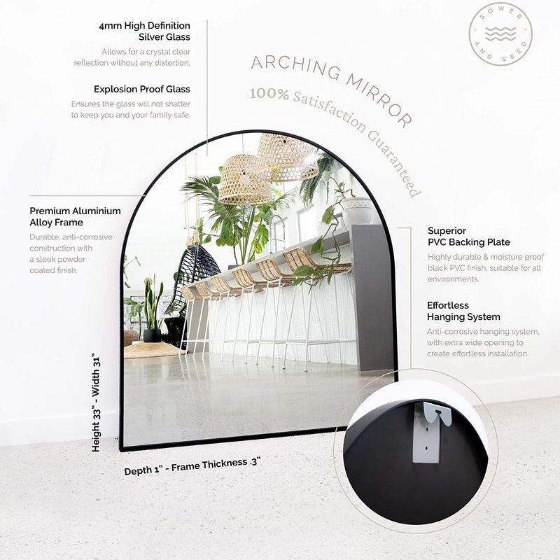 Arched Mirror 33" x 31" Silver Frame Mirror for Wall Décor