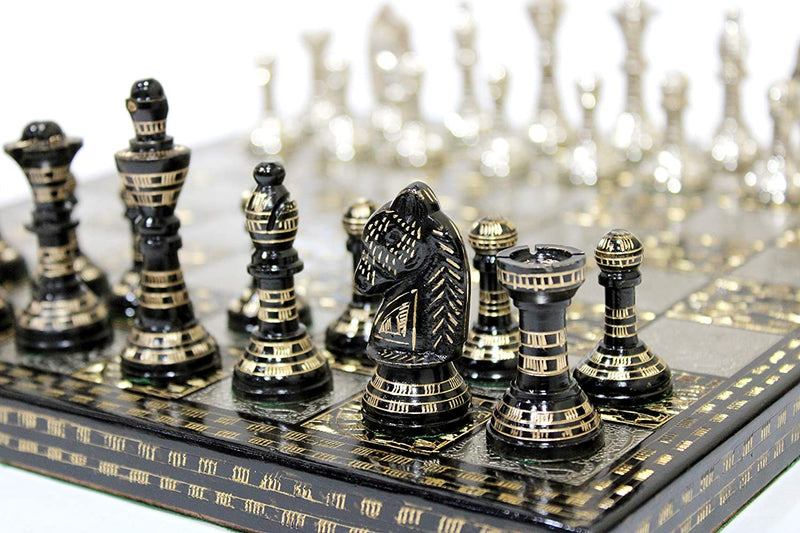 Brass Chess Board Game Set 12 X 12 Inches Black and Silver