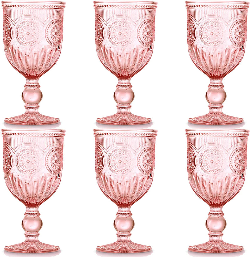 Yungala Pink Glassware Set of 6 Small Pink Cups with Beautifully Embossed Sunflower Design, Strong Sturdy Glass 100% Dishwasher Safe