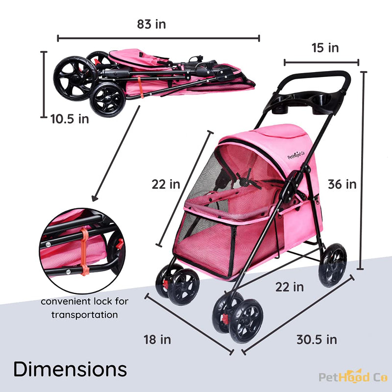 PetHood Co Pink Dog Stroller for Small Pets like Cat Rabbit Bunny Puppies Little Dogs