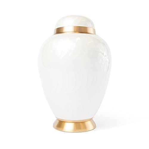 ALWAYS ADORED Decorative Urn Burial Urns Ashes Adult Male Female Large Brass Cremation Urns for Human Ashes Adult Size Funeral Urn for Men or Women, White Urns for Human Ashes Adult Female, Gold Trim