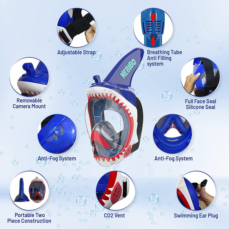NEBIBO Kids Snorkel Mask Full Face Set. Snorkeling Detachable Camera Mount