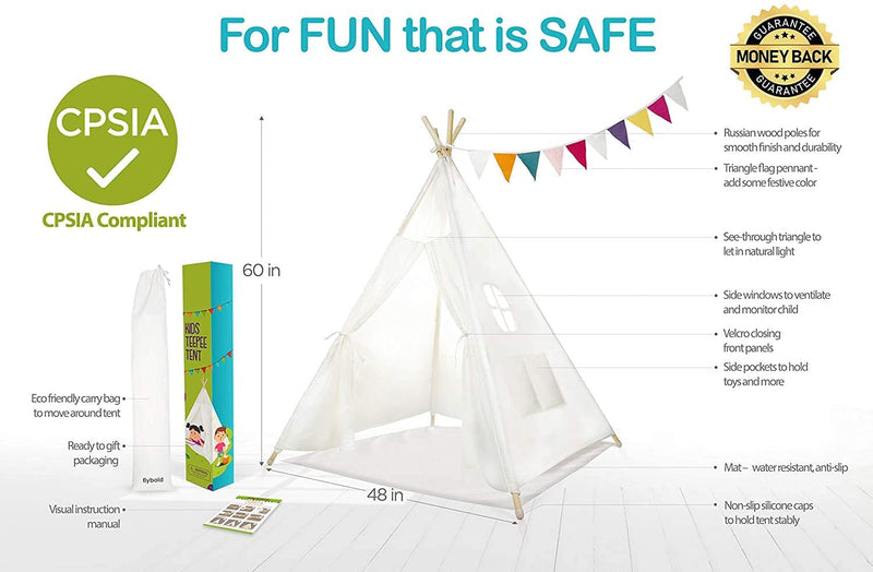 Teepee Tent for Kids Cotton Canvas 17.5 x 7.5 x 6.5 inches White Indoor Outdoor Play Gift