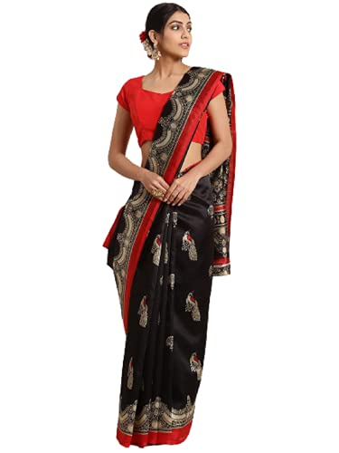 Simplylady Indian Wedding Silk Sarees for Women Black Red With Unstitched Blouse