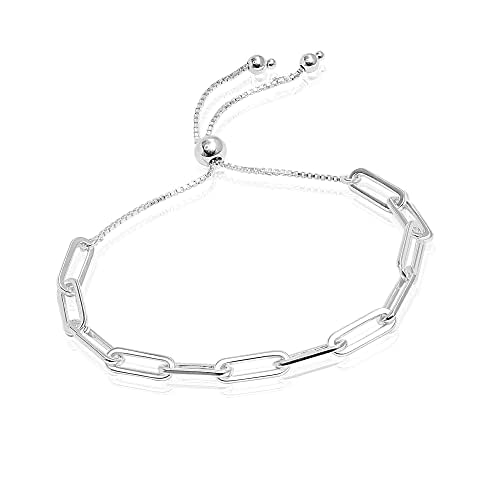 925 Sterling Silver Italian Paperclip Bolo Bracelet for Women 10 Inches
