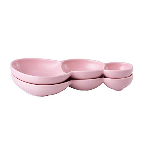 Bruntmor 3-Compartment Modern Matte Porcelain 10.5" Long Appetizer Serving Tray, Triplet Bowl, Bowl Set - Great for Snacks, Dips, Set Of 2, Pink