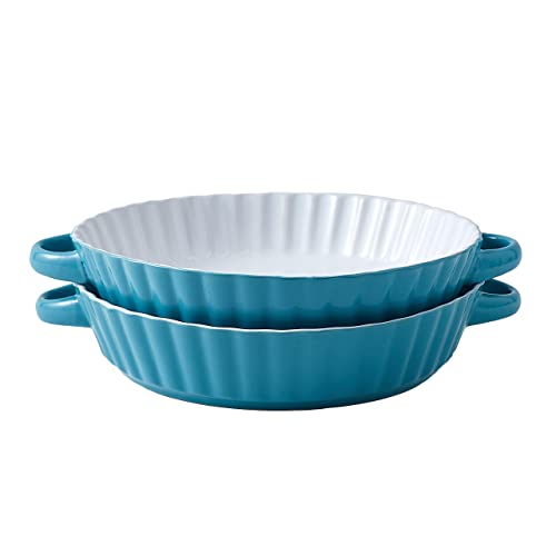 Bruntmor Ceramic Pie Pan with handle for Baking - 9.5 inch - Deep and Fluted Pie Dish for Old Fashion Apple Pie, Quiche, Pot Pies, Tart, etc - Modern Style Porcelain Ceramic Pie Pan- Teal (Set of 2)