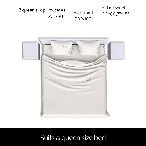Colorado Home Co Mulberry Silk Bed Sheets Set - 100% Silk Sheets, Flat Sheet, Deep Pocket Full Fitted Sheet, and Silk Pillowcase Twin Set, Off White, 4pcs Queen Size Bedding Sets