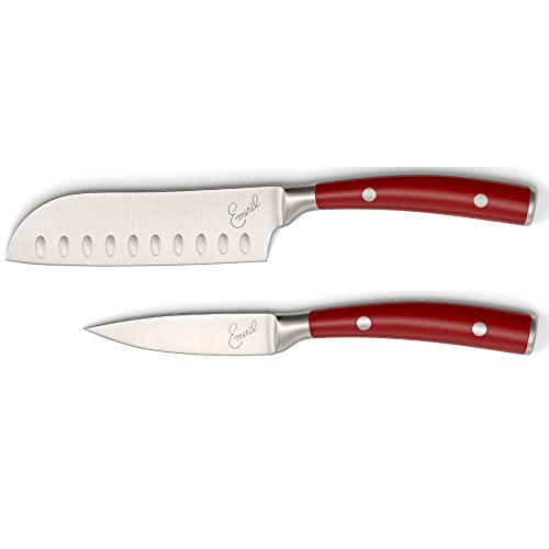 Emeril Lagasse 2 Piece Knife Set 5" Santoku 3.5" Paring Knife Forged Steel Clad Emerilware (Red)
