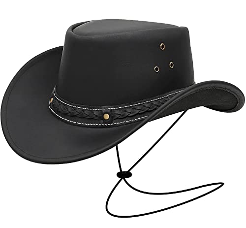 Brandslock Black Leather Cowboy Hat for Men Women Durable Cowgirl Outback Hat