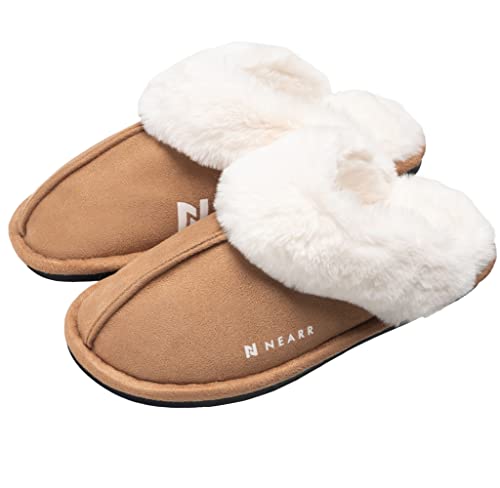 NEARR® Women's Memory Foam House Slippers LARGE Fuzzy Bedroom Slippers for Ladies with Cozy Faux Fur Lining & Non-Slip Rubber Soles for Indoors & Outdoors Chestnut