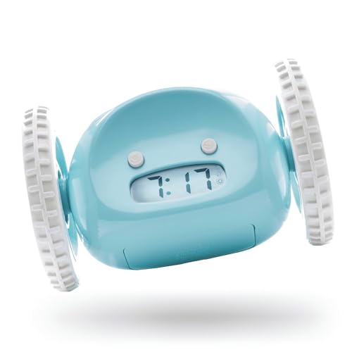 CLOCKY Funny Gift- Loud Alarm Clock for Heavy Sleepers on Wheels (Adults Kids Teens Bedroom) Run Away Moving Jump Roll Vibrating, Cute Annoying, 1-Time Snooze, Digital, Wake Up Energized (Blue)