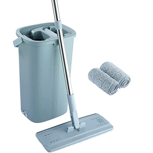 EasyGleam Blue Mop and Bucket Set. Microfibre Flat Mop with Stainless Steel Handle, Innovative Twin Chamber Bucket for Wet & Dry use. 4 Reusable Pads Supplied, Suitable for All Floor Types
