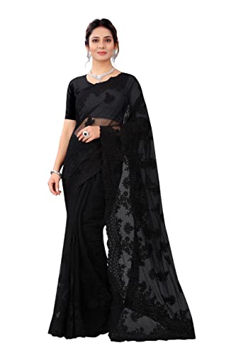 CRAFTSTRIBE Black Sari Moti and Stone Work Saree with Unstitched Blouse