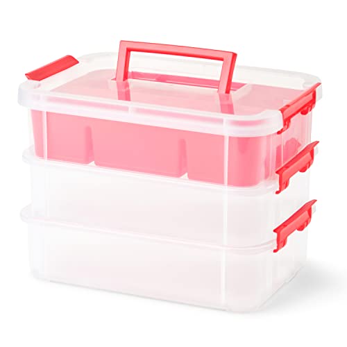 Bins & Things Stackable Storage Container - 3 Trays Craft & Art Organizer Box - Portable Plastic Storage - Divided Storage Box - Locking Lid - Ideal for Craft Supplies & Ornaments - Red